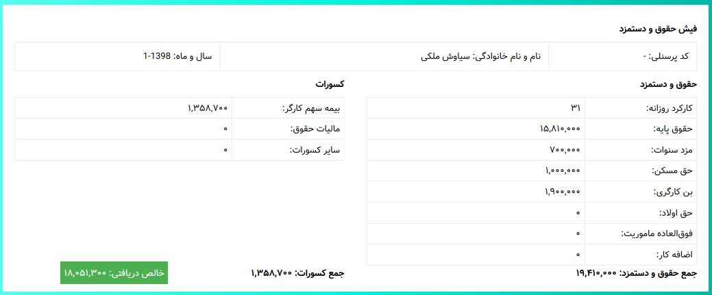 فیش حقوقی 1398-صادر شده توسط حسابداری ابری لاندا